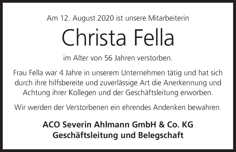  Traueranzeige für Christa Fella vom 14.08.2020 aus MGO