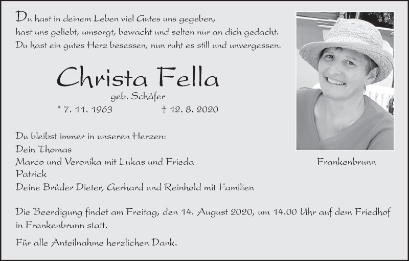  Traueranzeige für Christa Fella vom 13.08.2020 aus MGO