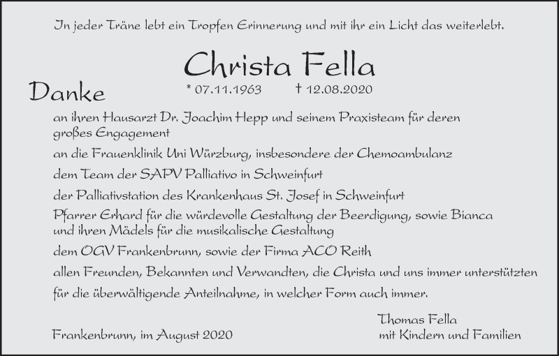  Traueranzeige für Christa Fella vom 22.08.2020 aus MGO