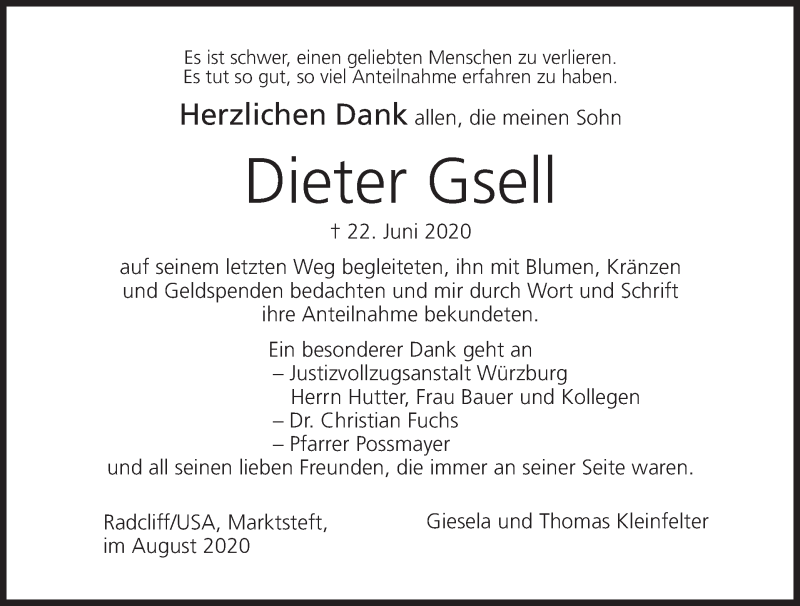  Traueranzeige für Dieter Gsell vom 05.08.2020 aus MGO
