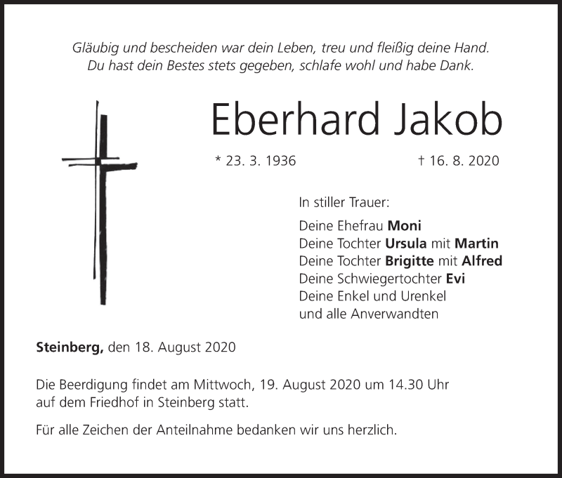  Traueranzeige für Eberhard Jakob vom 18.08.2020 aus MGO