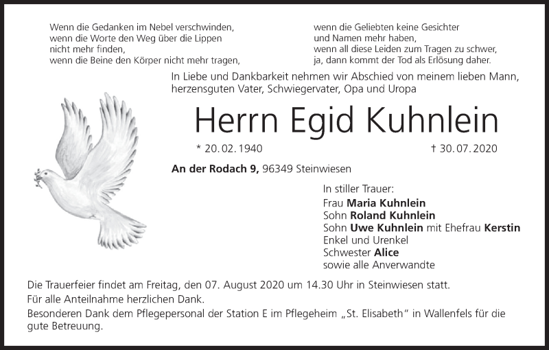  Traueranzeige für Egid Kuhnlein vom 05.08.2020 aus MGO