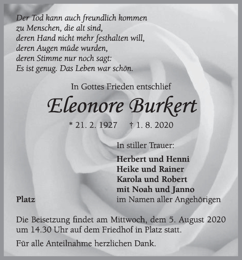  Traueranzeige für Eleonore Burkert vom 03.08.2020 aus MGO