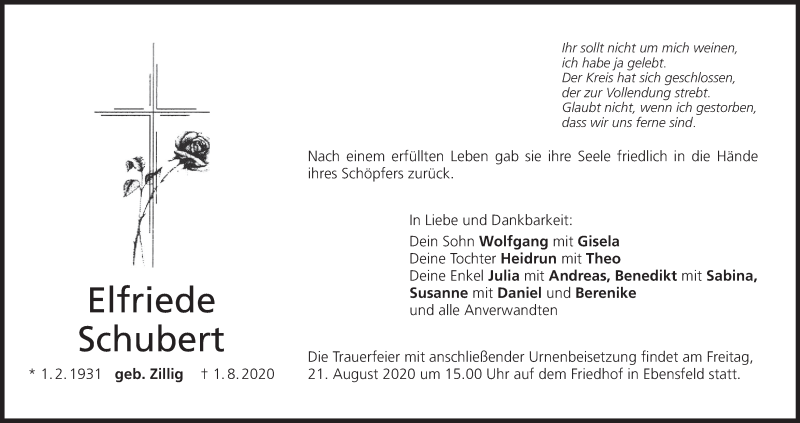  Traueranzeige für Elfriede Schubert vom 19.08.2020 aus MGO