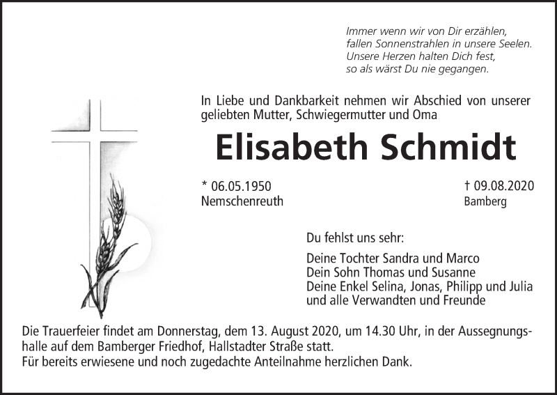  Traueranzeige für Elisabeth Schmidt vom 12.08.2020 aus MGO