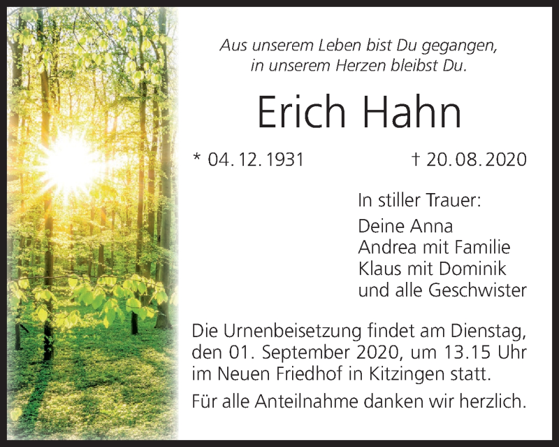  Traueranzeige für Erich Hahn vom 29.08.2020 aus MGO