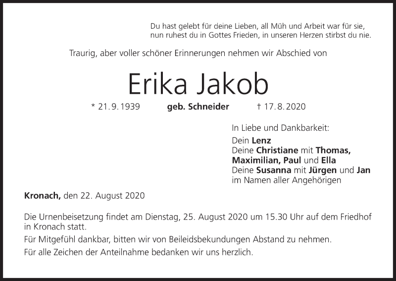  Traueranzeige für Erika Jakob vom 22.08.2020 aus MGO