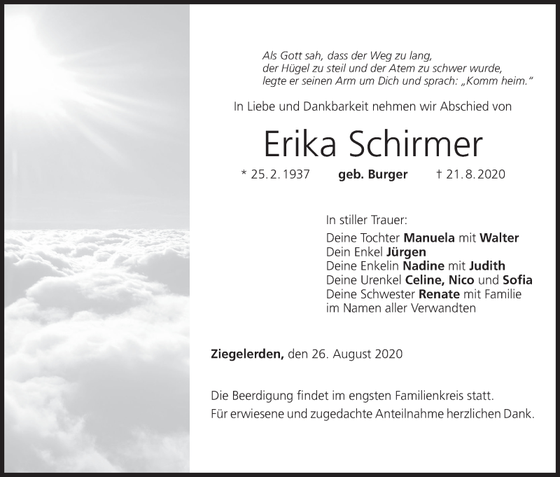  Traueranzeige für Erika Schirmer vom 26.08.2020 aus MGO