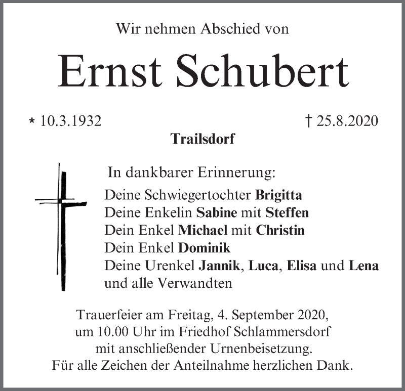  Traueranzeige für Ernst Schubert vom 29.08.2020 aus MGO