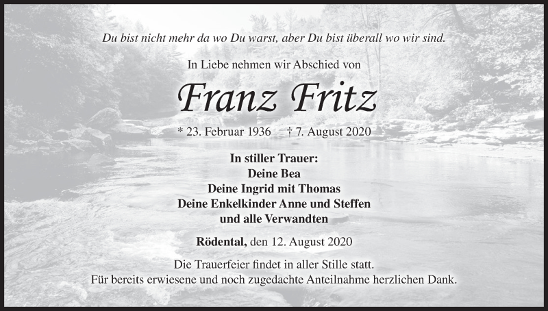  Traueranzeige für Franz Fritz vom 12.08.2020 aus MGO