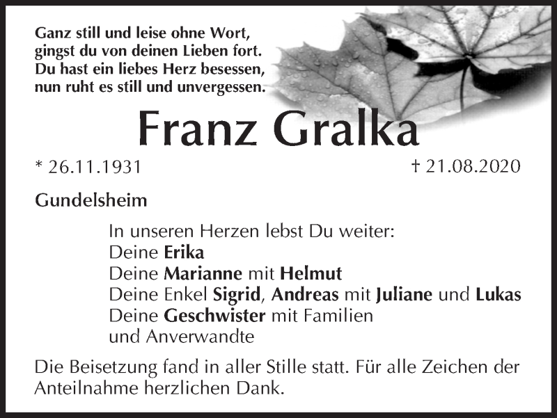  Traueranzeige für Franz Gralka vom 28.08.2020 aus MGO