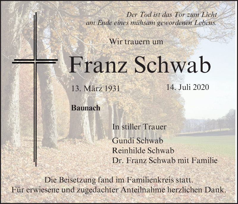  Traueranzeige für Franz Schwab vom 08.08.2020 aus MGO