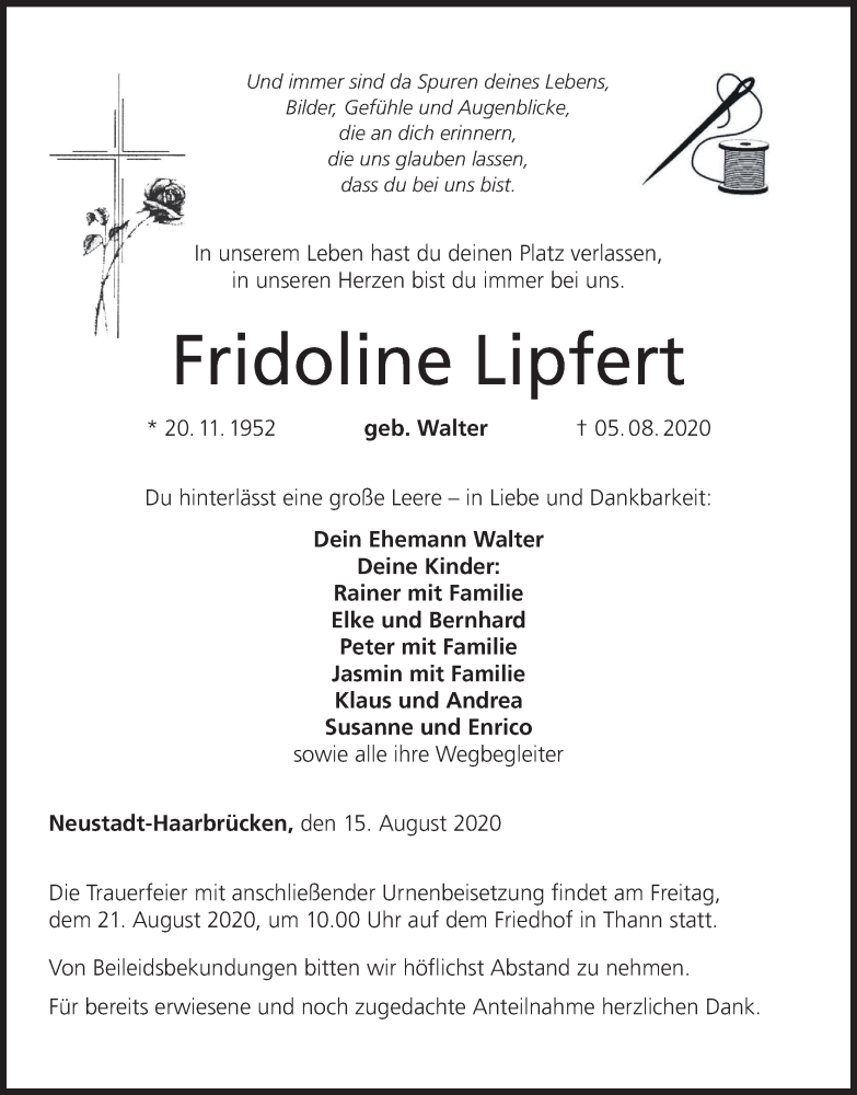  Traueranzeige für Fridoline Lipfert vom 15.08.2020 aus MGO