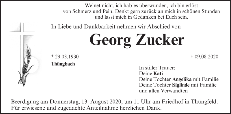  Traueranzeige für Georg Zucker vom 11.08.2020 aus MGO