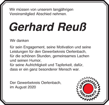 Anzeige von Gerhard Reuß von MGO