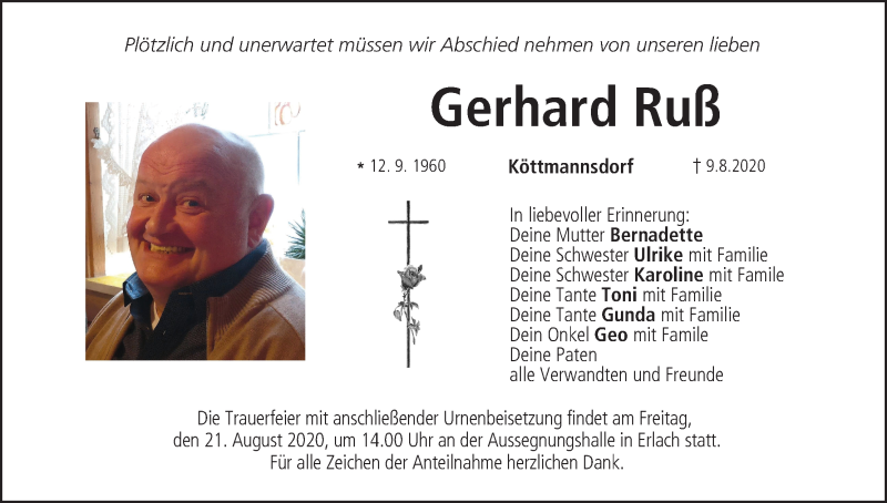  Traueranzeige für Gerhard Ruß vom 14.08.2020 aus MGO