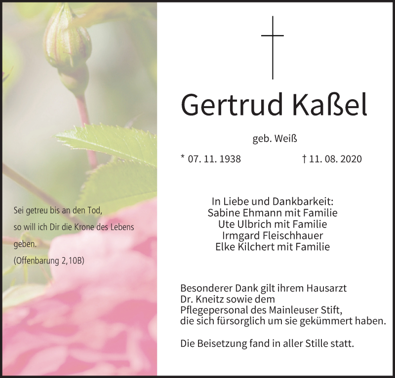 Traueranzeige für Gertrud Kaßel vom 29.08.2020 aus MGO