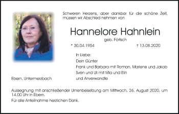 Anzeige von Hannelore Hahnlein von MGO