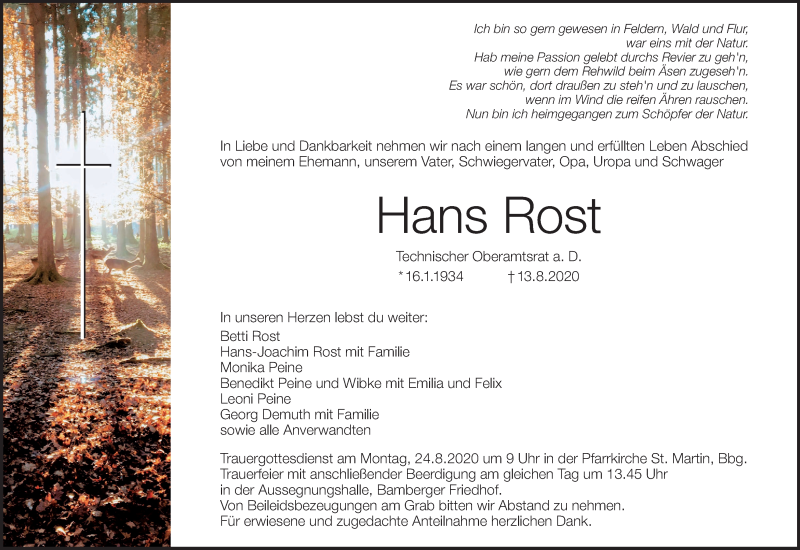  Traueranzeige für Hans Rost vom 22.08.2020 aus MGO
