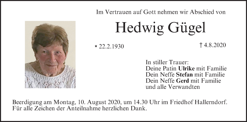  Traueranzeige für Hedwig Gügel vom 08.08.2020 aus MGO