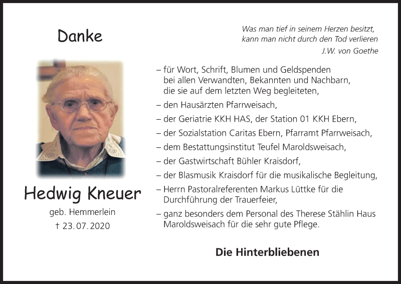  Traueranzeige für Hedwig Kneuer vom 08.08.2020 aus MGO