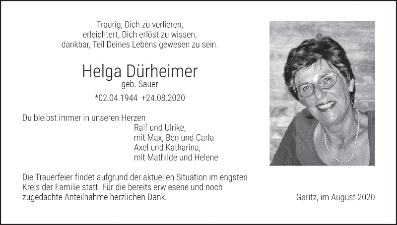  Traueranzeige für Helga Dürheimer vom 29.08.2020 aus MGO