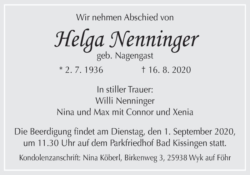  Traueranzeige für Helga Nenninger vom 29.08.2020 aus MGO