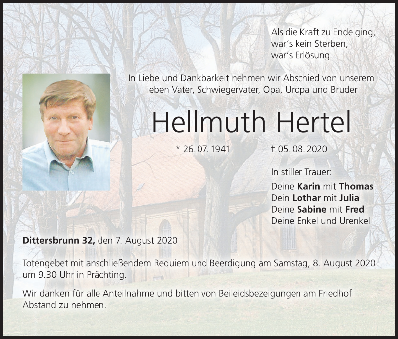  Traueranzeige für Hellmuth Hertel vom 07.08.2020 aus MGO