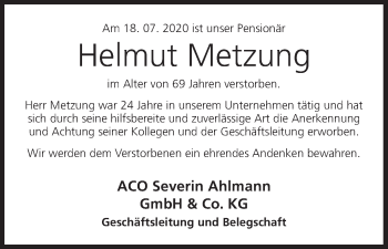 Anzeige von Helmut Metzung von MGO