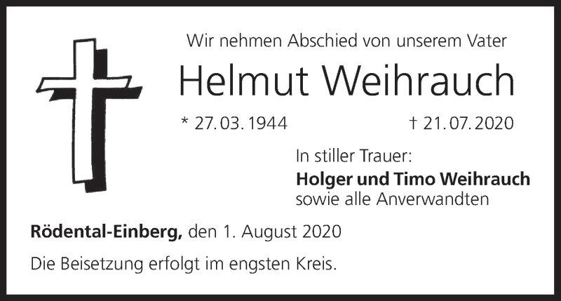  Traueranzeige für Helmut Weihrauch vom 01.08.2020 aus MGO