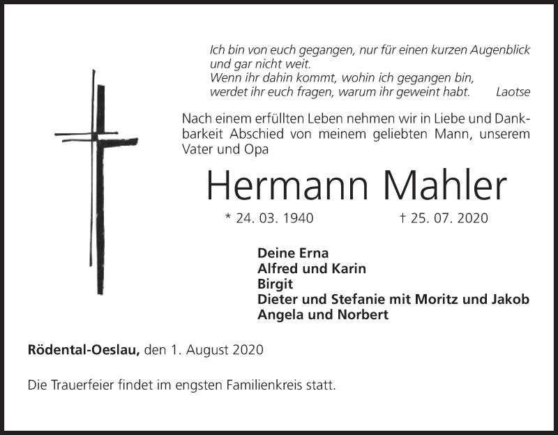  Traueranzeige für Hermann Mahler vom 01.08.2020 aus MGO
