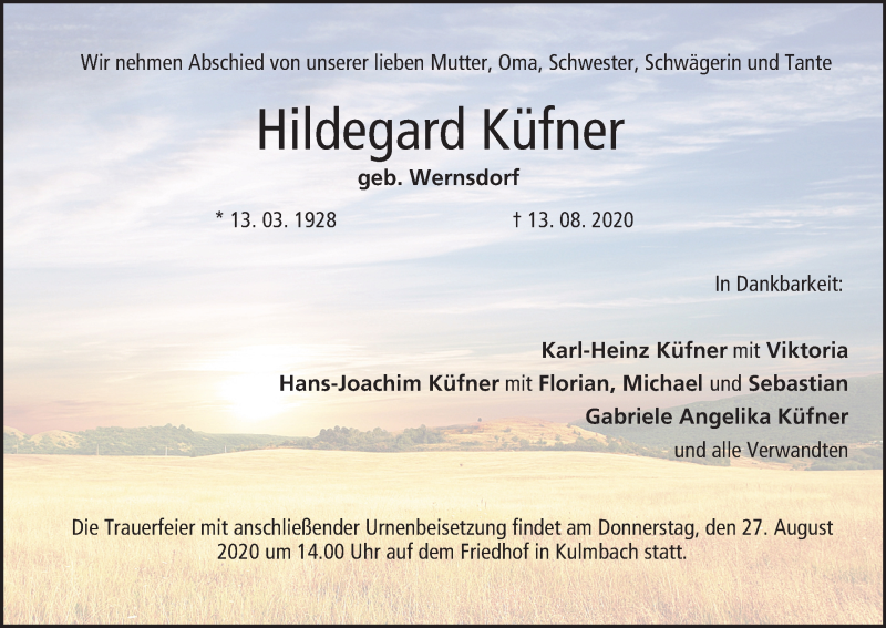  Traueranzeige für Hildegard Küfner vom 22.08.2020 aus MGO
