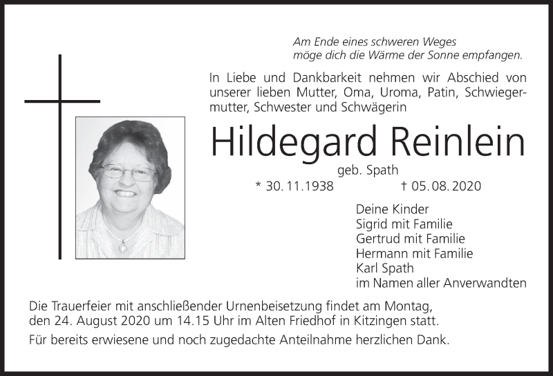  Traueranzeige für Hildegard Reinlein vom 14.08.2020 aus MGO