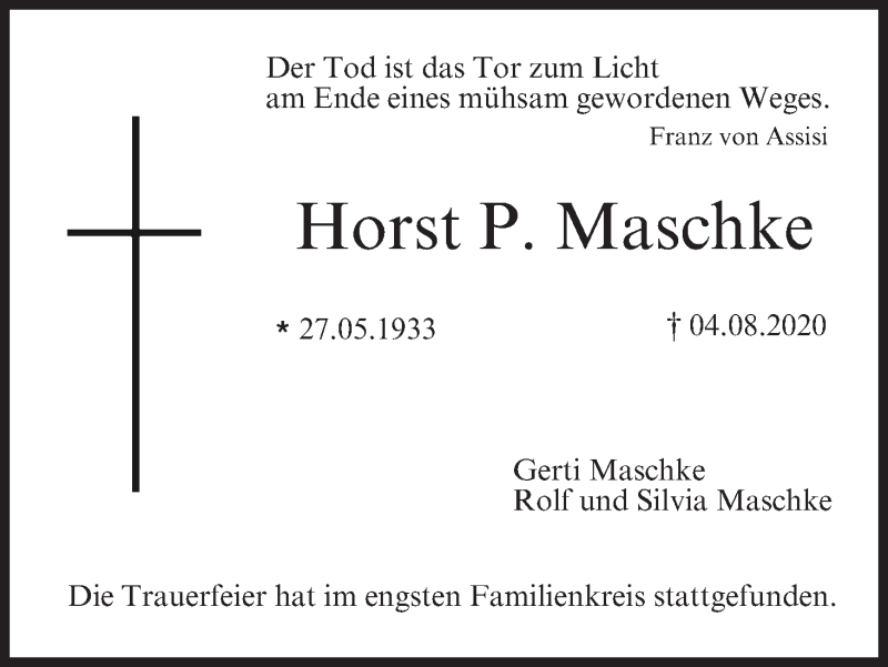  Traueranzeige für Horst P. Maschke vom 22.08.2020 aus MGO