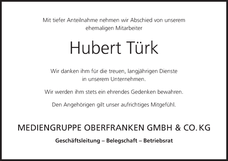  Traueranzeige für Hubert Türk vom 05.08.2020 aus MGO