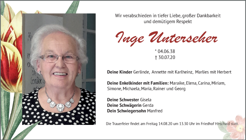  Traueranzeige für Inge Unterseher vom 08.08.2020 aus MGO
