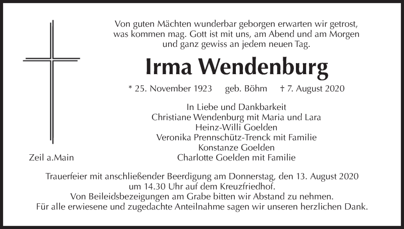  Traueranzeige für Irma Wendenburg vom 10.08.2020 aus MGO