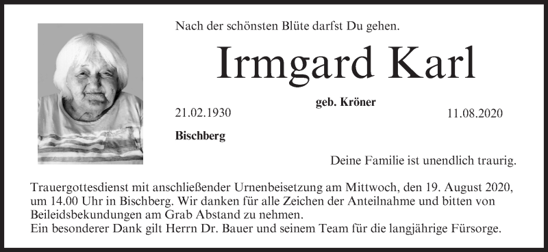  Traueranzeige für Irmgard Karl vom 15.08.2020 aus MGO