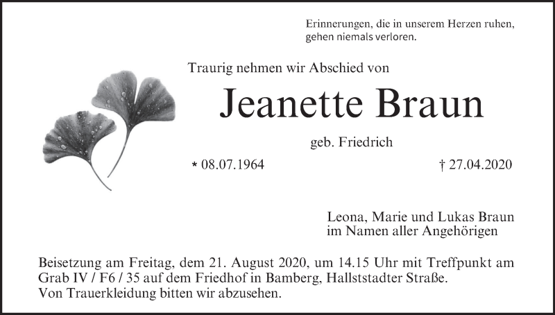  Traueranzeige für Jeanette Braun vom 19.08.2020 aus MGO