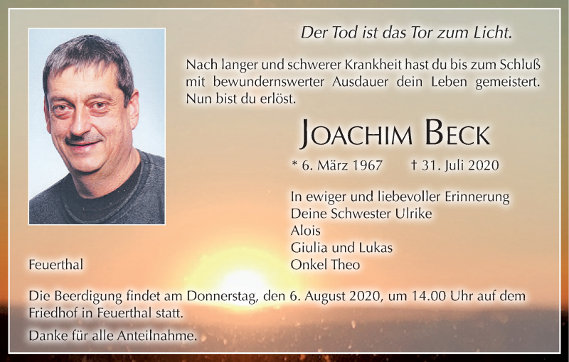  Traueranzeige für Joachim Beck vom 04.08.2020 aus MGO
