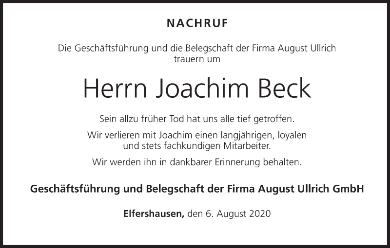  Traueranzeige für Joachim Beck vom 06.08.2020 aus MGO