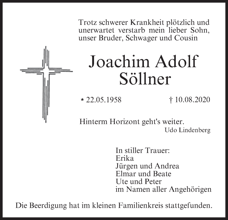  Traueranzeige für Joachim Adolf Söllner vom 22.08.2020 aus MGO