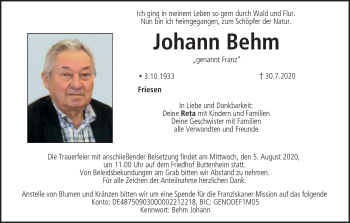 Anzeige von Johann Behm von MGO