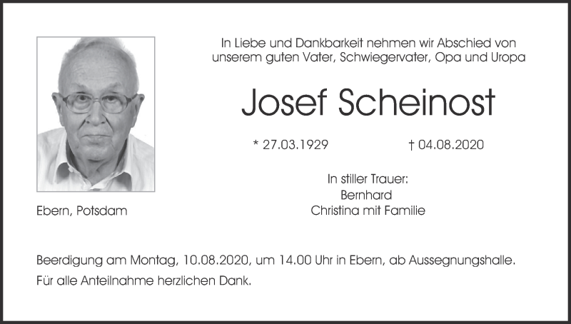  Traueranzeige für Josef Scheinost vom 07.08.2020 aus MGO