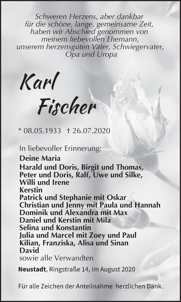  Traueranzeige für Karl Fischer vom 10.08.2020 aus MGO