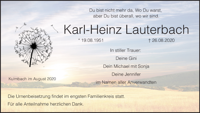  Traueranzeige für Karl-Heinz Lauterbach vom 29.08.2020 aus MGO