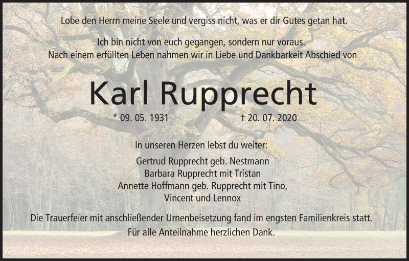  Traueranzeige für Karl Rupprecht vom 15.08.2020 aus MGO