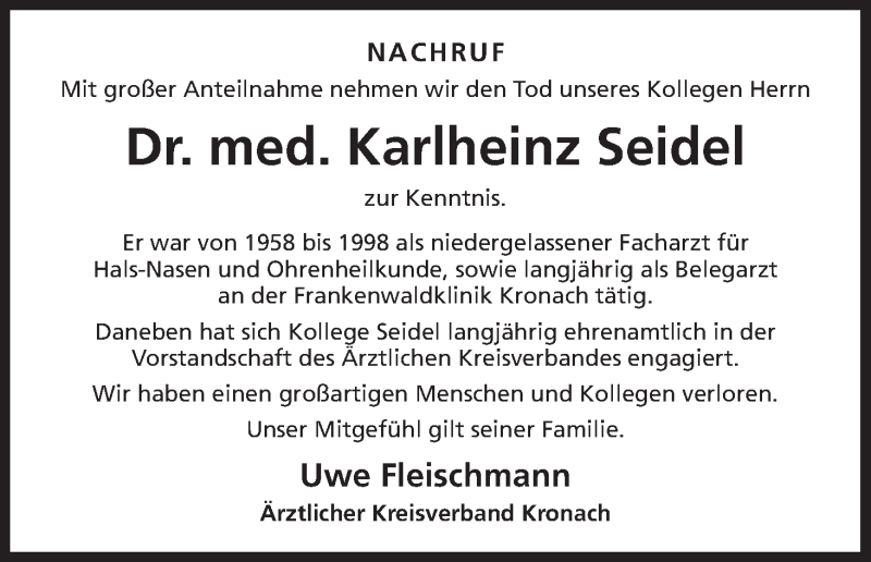  Traueranzeige für Karlheinz Seidel vom 22.08.2020 aus MGO