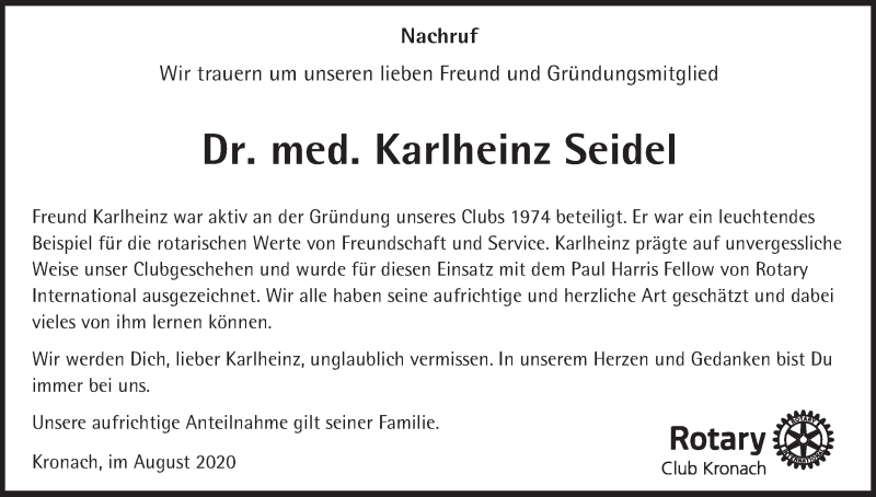  Traueranzeige für Karlheinz Seidel vom 19.08.2020 aus MGO