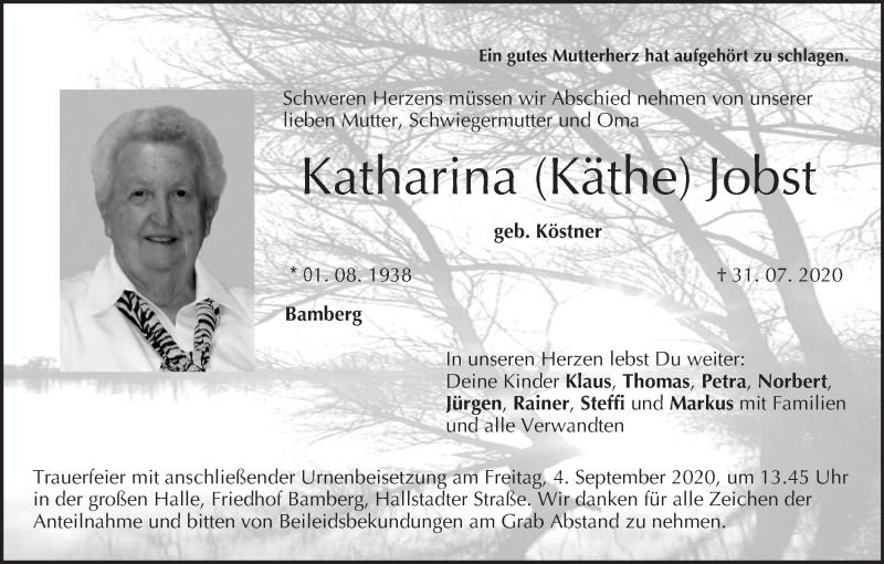  Traueranzeige für Katharina Jobst vom 08.08.2020 aus MGO